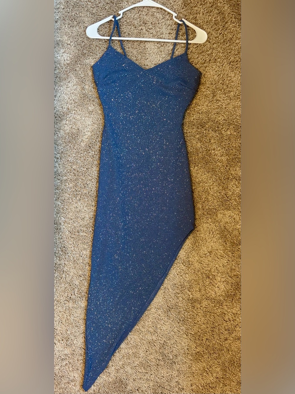Blue Sparkly Asymmetric Hem Party Dress